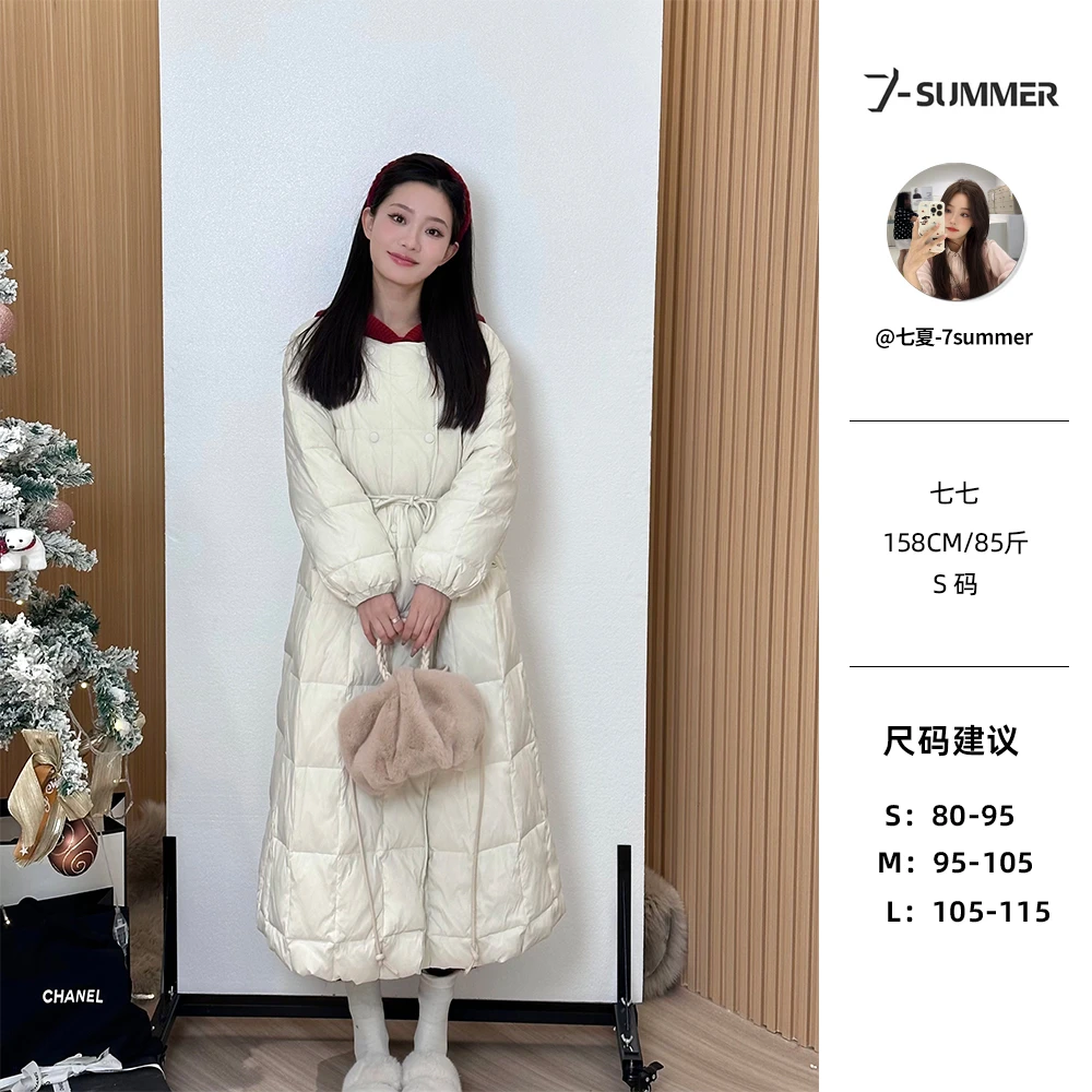 【白雪皑皑】中长款羽绒服奶白色过膝保暖韩版双排扣羽绒外套宽松冬