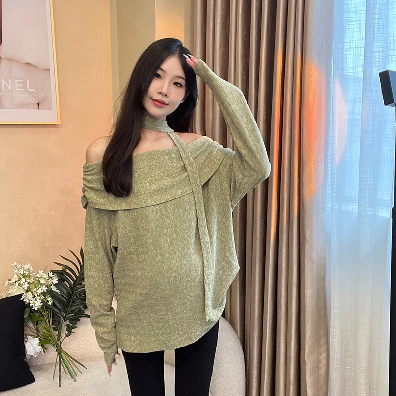 秋季时尚洋气质感孕妇装纹理感宽松一字肩上衣系脖温柔网红长袖