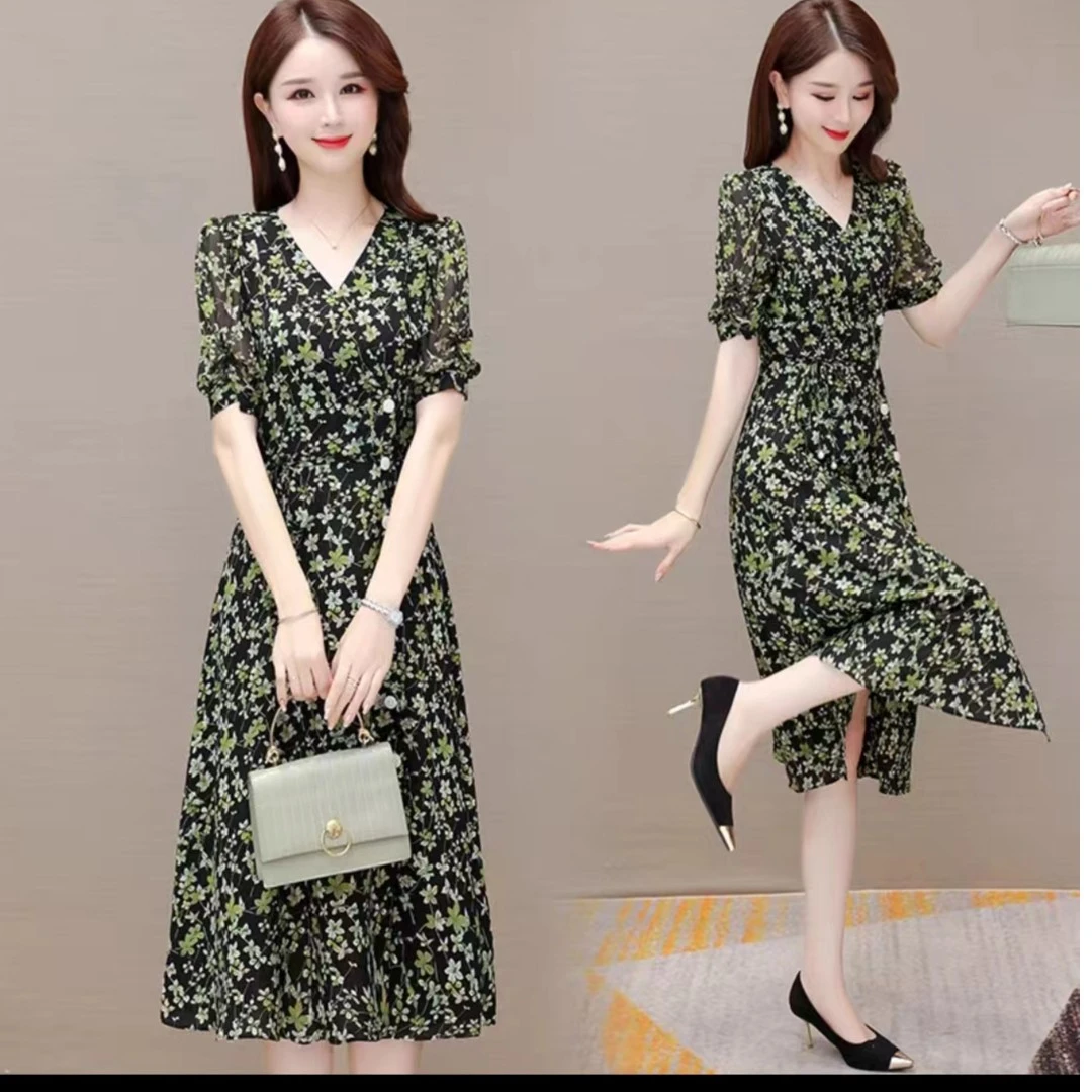 JH3056时尚洋气收腰A摆碎花连衣裙2023新款气质修身中长款连衣裙
