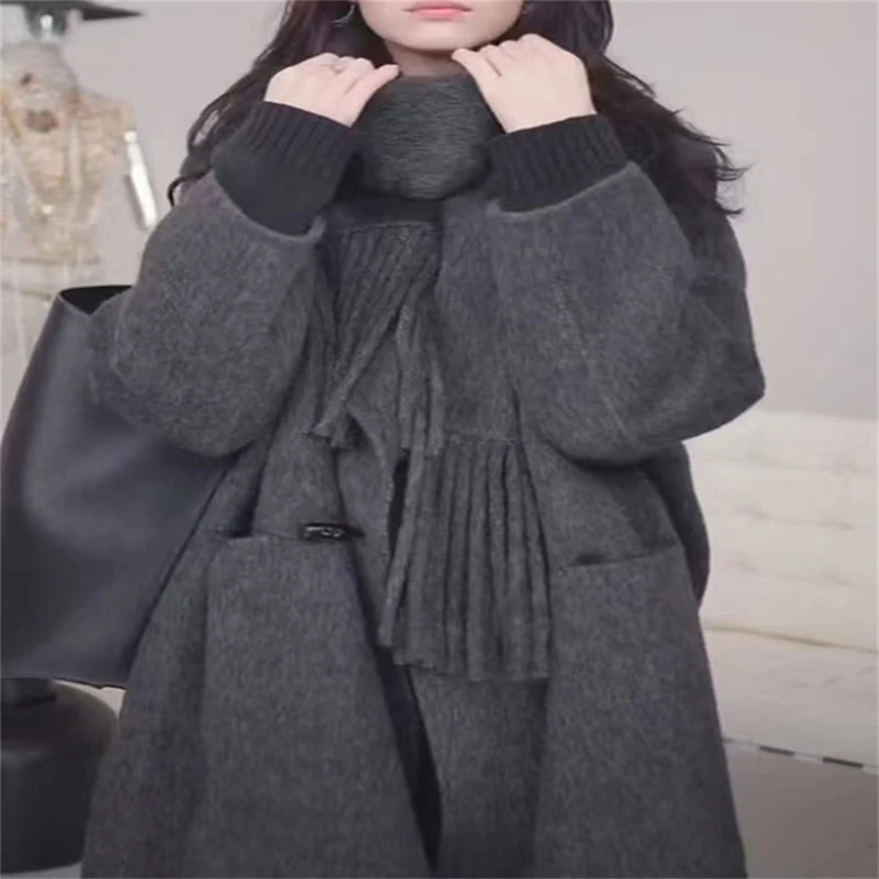 徐大可家2022年秋季新款慵懒风双面羊毛大衣流苏牛角扣毛呢外套女