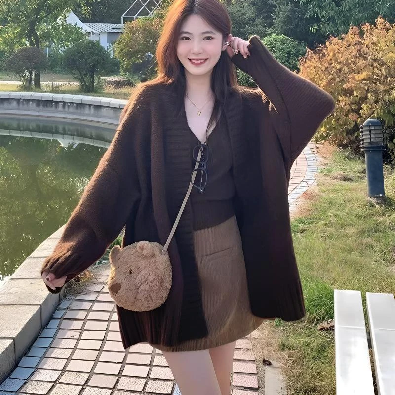 秋冬新款慵懒风气质两件套吊带＋针织开衫外套上衣时尚爆款美拉德