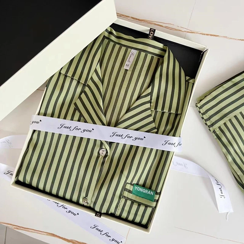 【条纹】新款经典撞色女冰丝简约条纹修身长裤两件套宽松舒适家居服