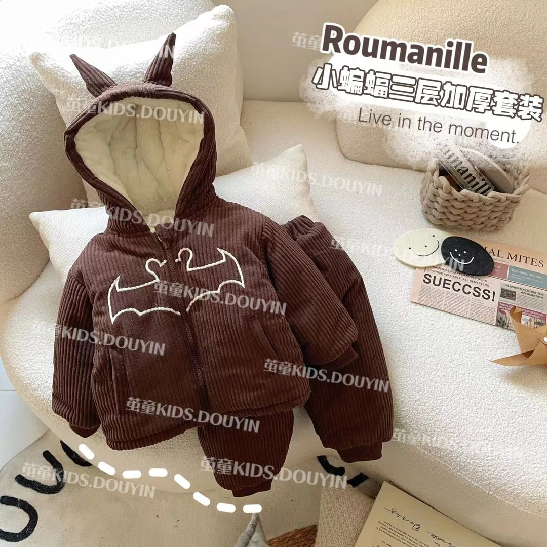 【麦麦妈】冬季加绒夹棉小童家居服套装加绒保暖两件套卡通冬款D401