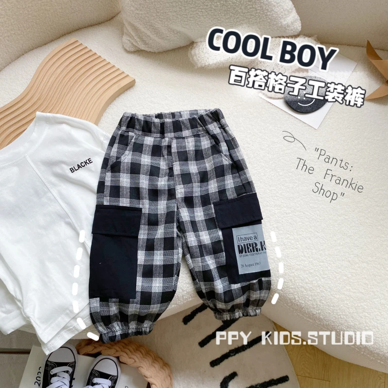 Q082 小童百搭格子工装裤新品裤子春秋儿童束腿裤