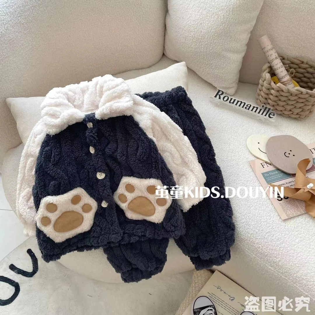 【麦麦妈】D207小童冬季卡通小熊加绒家居服套装两件套韩版
