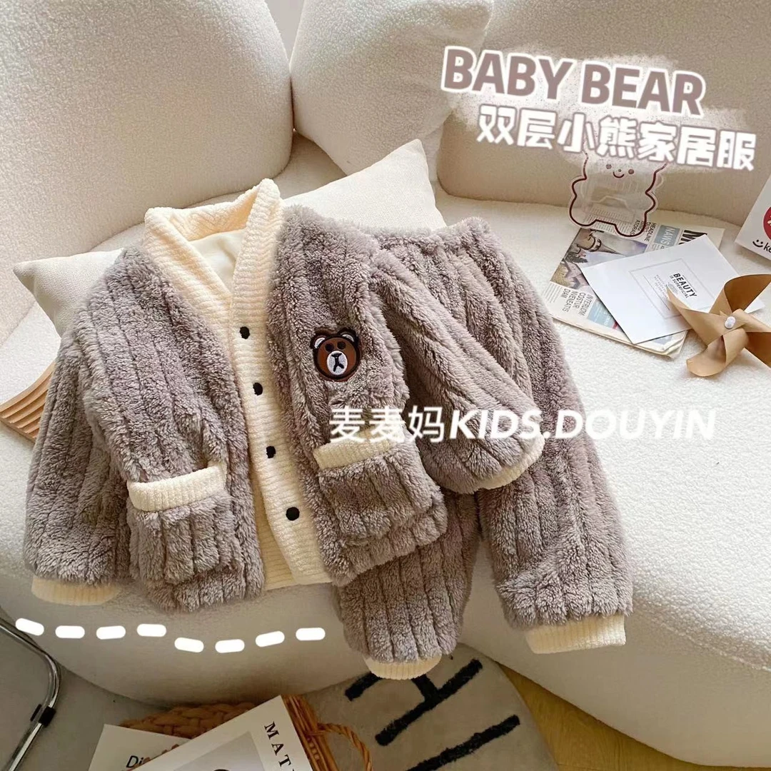 【麦麦妈】小童冬季卡通小熊双层加绒家居服套装两件套韩版D336