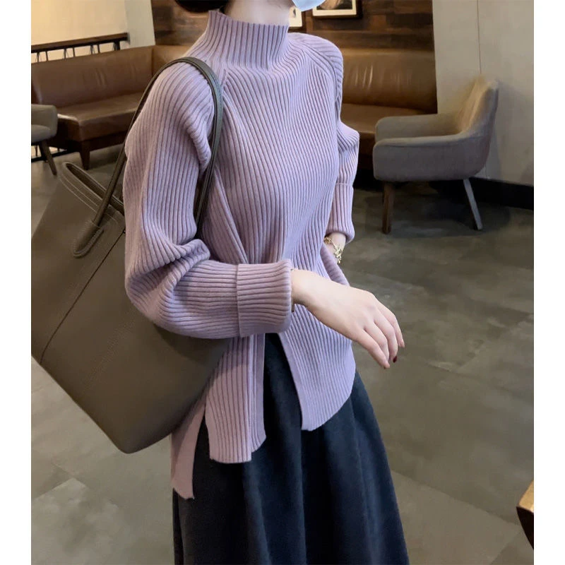 时尚套装女2023秋冬新款韩系轻熟风半高领紫色毛衣半身长裙两件套
