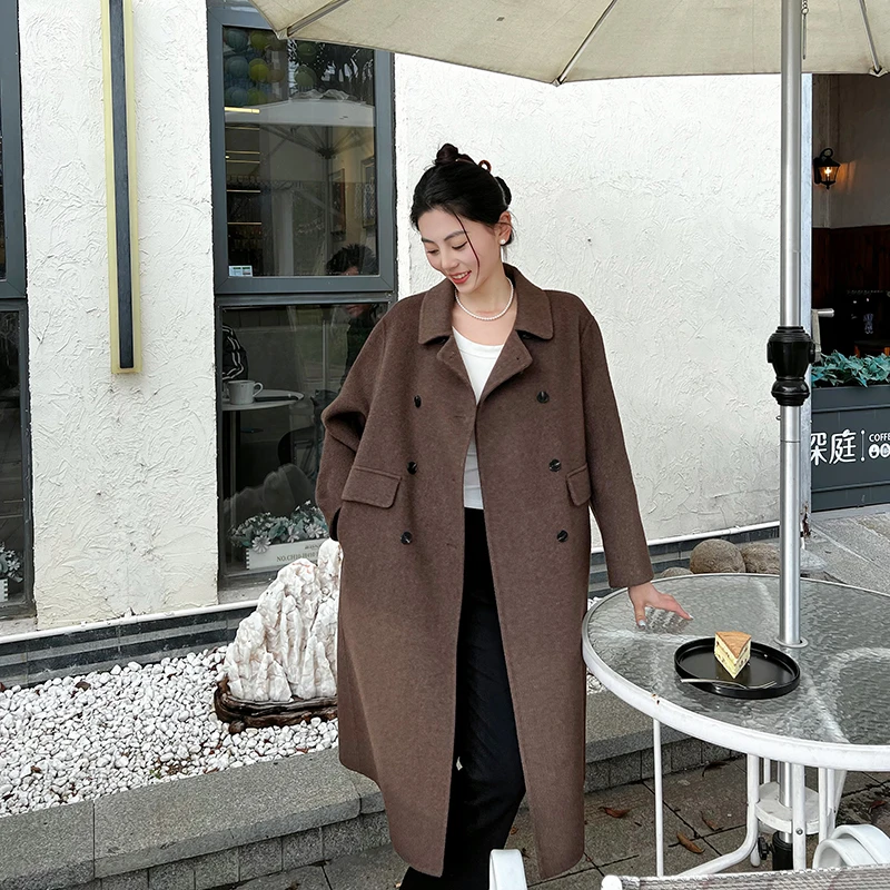 【娃娃领】双面羊毛大衣毛呢大衣外套款过膝双排扣8384