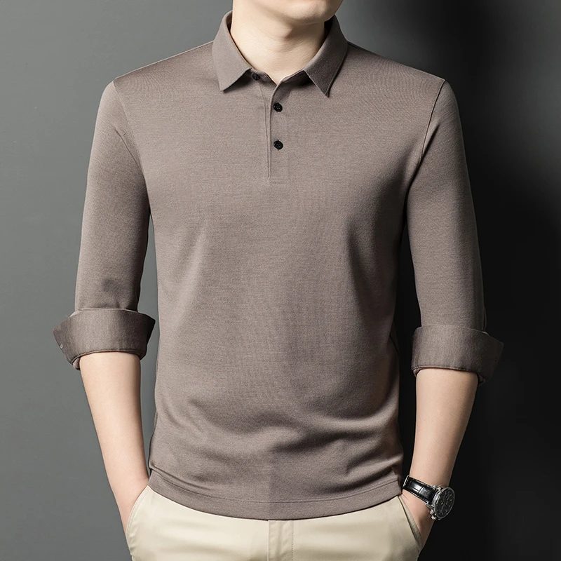 【100%羊毛可机洗】春秋季新款中年打底长袖百搭商务休闲纯色Polo
