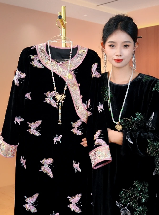 【富贵蝶语】早秋新中式老钱风重工繁华刺绣连衣裙2024c3877-康康