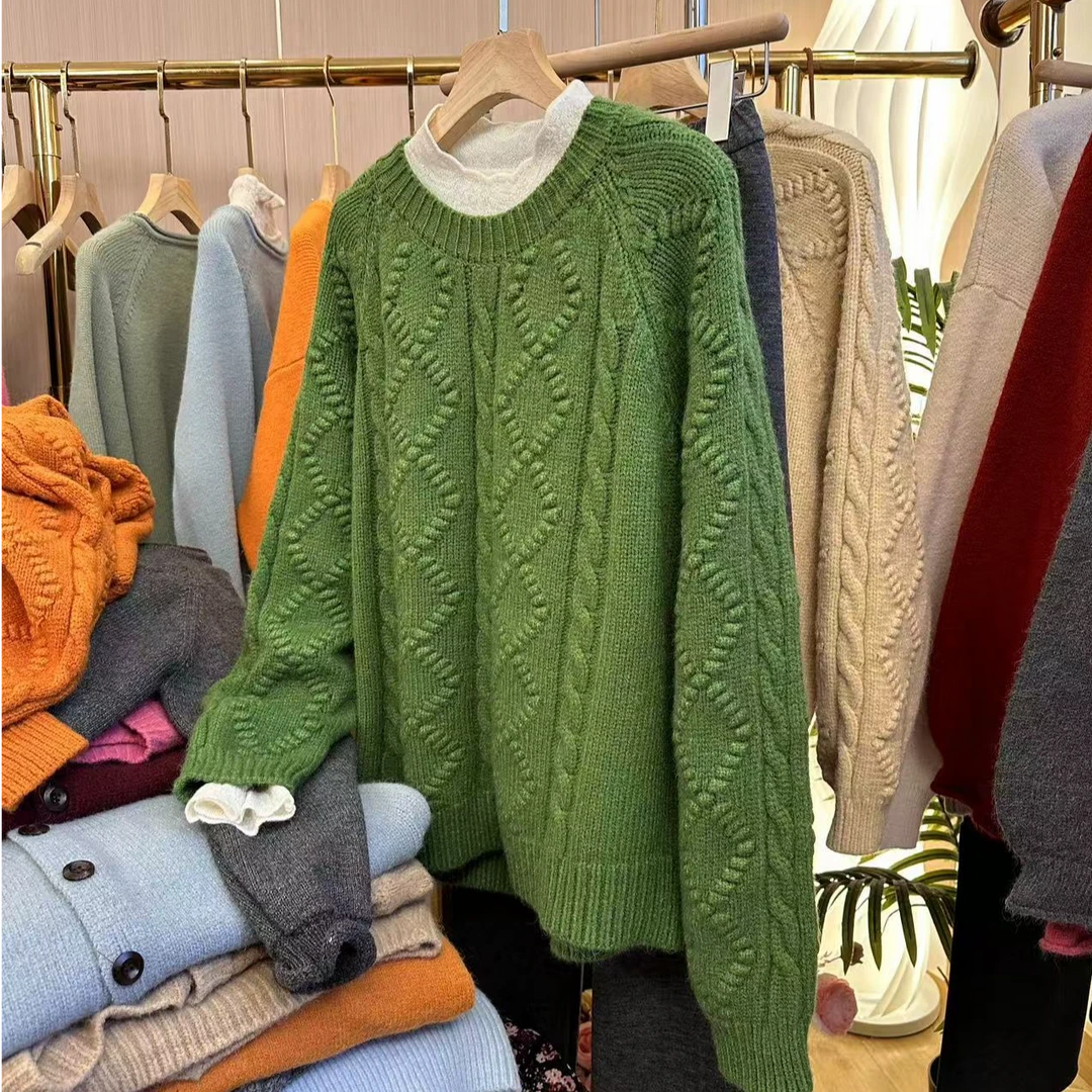 【新款菱形鼓包】毛衣针织衫时尚加厚秋冬复古绞花打底衫宽松上衣