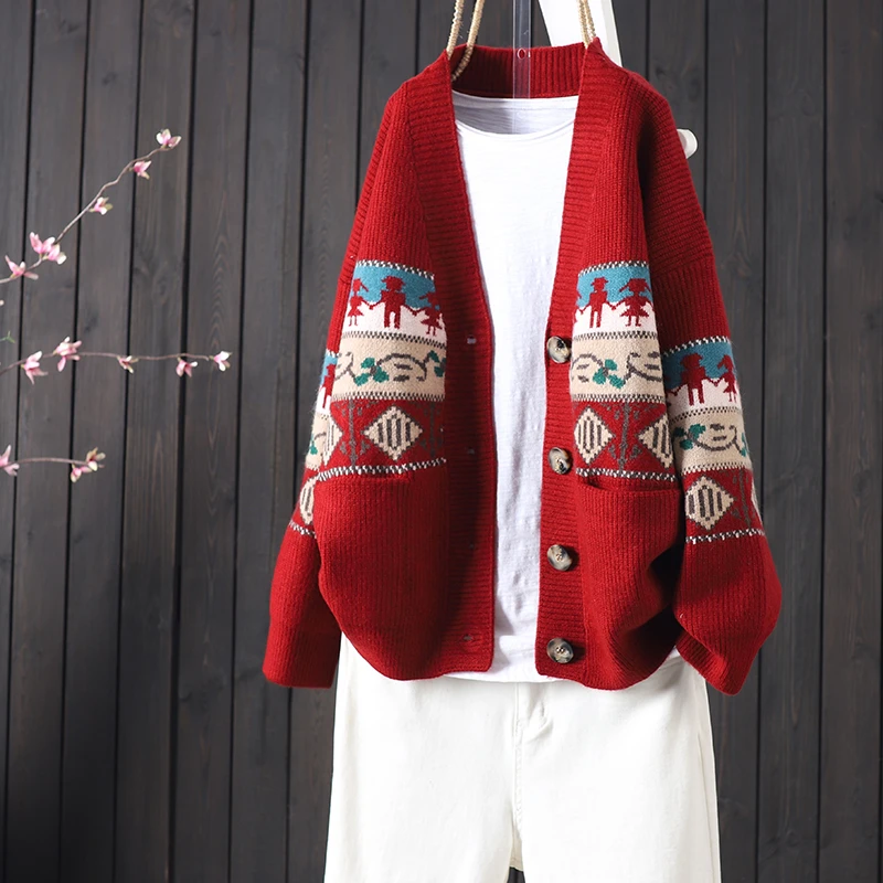 开衫外套女慵懒风宽松2023春季新款时尚百搭民族风红色毛衣女上衣