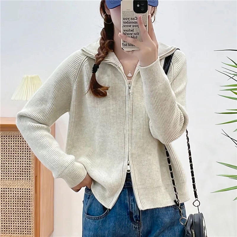 双拉链毛衣外套女秋冬季2023新款爆款慵懒风宽松针织开衫超好看