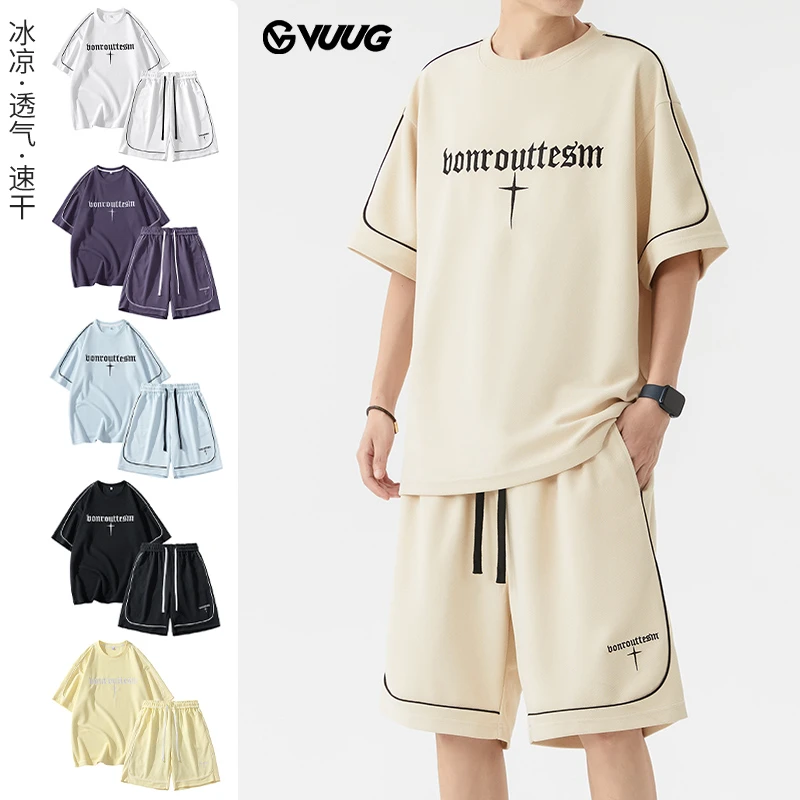 夏季宽松透气潮流ins凉感套装男士简约冰凉帅气百搭半袖运动套装
