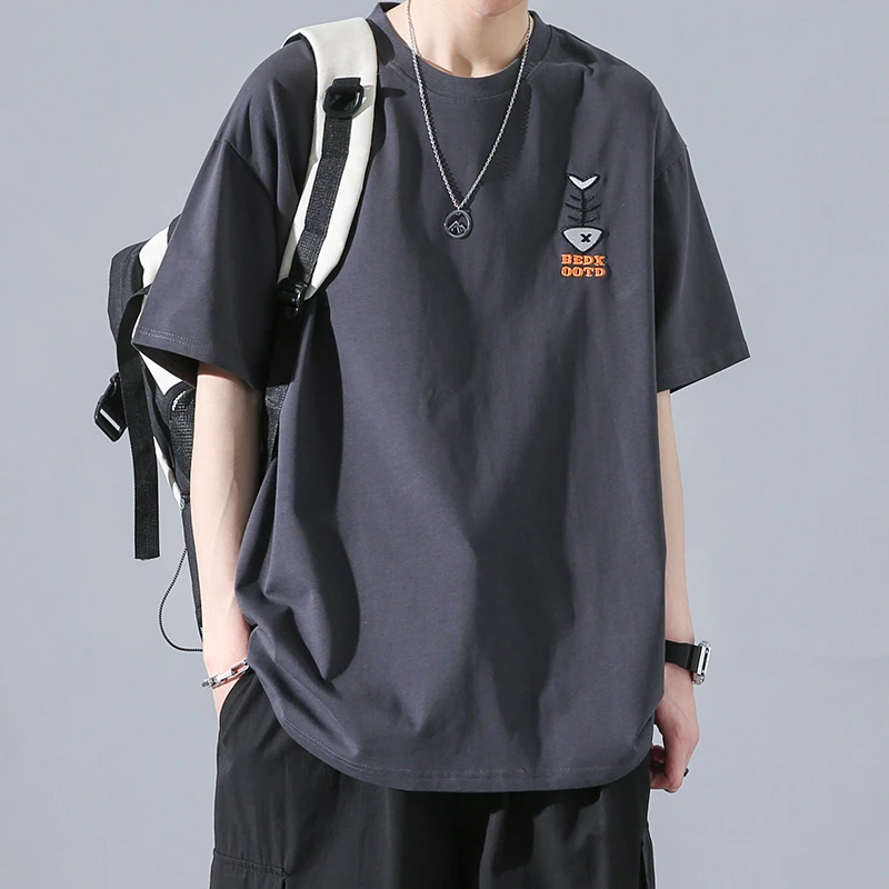 VUUG短袖t恤男装夏季薄款鱼骨刺绣100%纯棉潮牌宽松男士半袖衣服