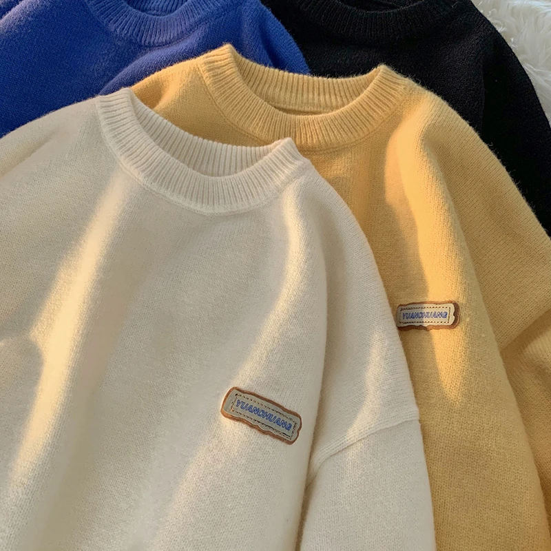 圆领毛衣男士春秋冬季加厚潮牌宽松慵懒针织衫情侣款套头线衣外套