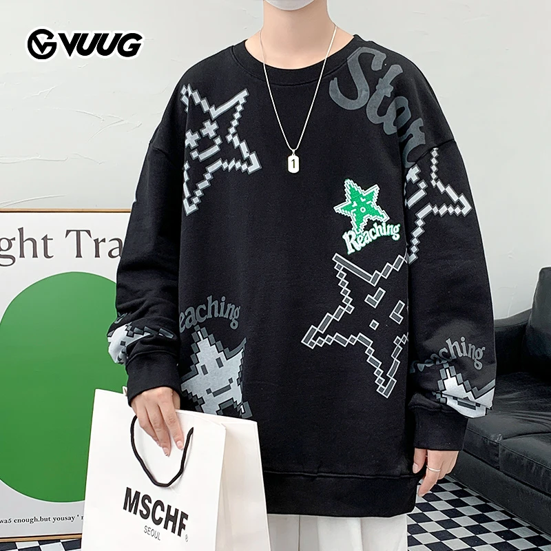 VUUG纯棉卫衣男套头春秋季休闲宽松潮流ins圆领印花星星长袖上衣