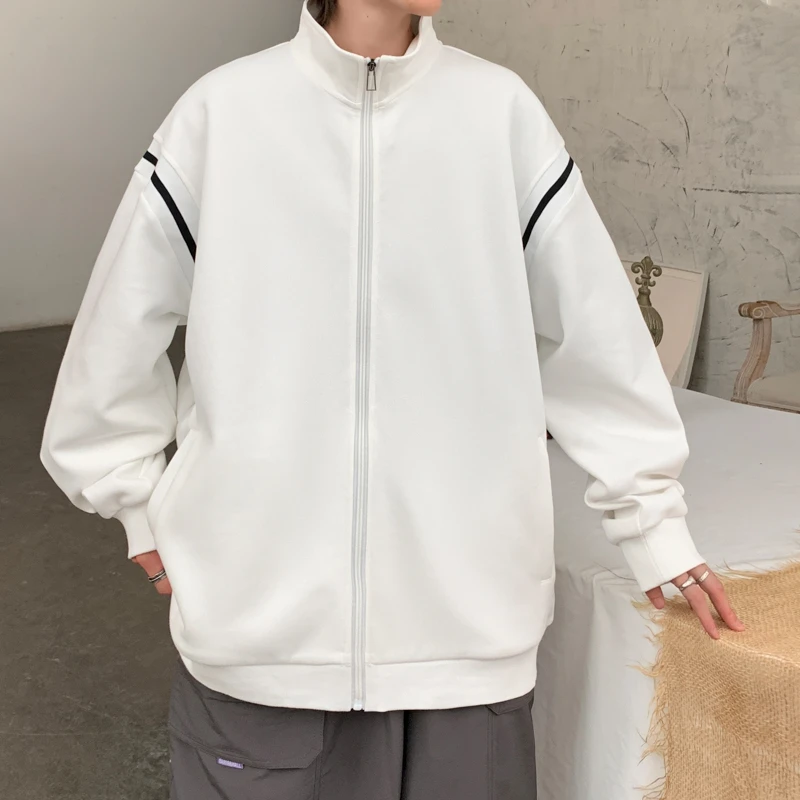 VUUG白色立领外套男士春秋季潮牌港风条纹宽松学生情侣休闲夹克男