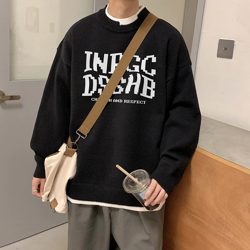 圆领毛衣男士秋冬季2023新款加厚假两件潮牌休闲宽松黑色长袖针织