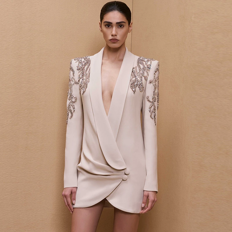 现货 2024新款欧美明星气质时尚重工钉珠镶钻青果领连衣裙 西装裙