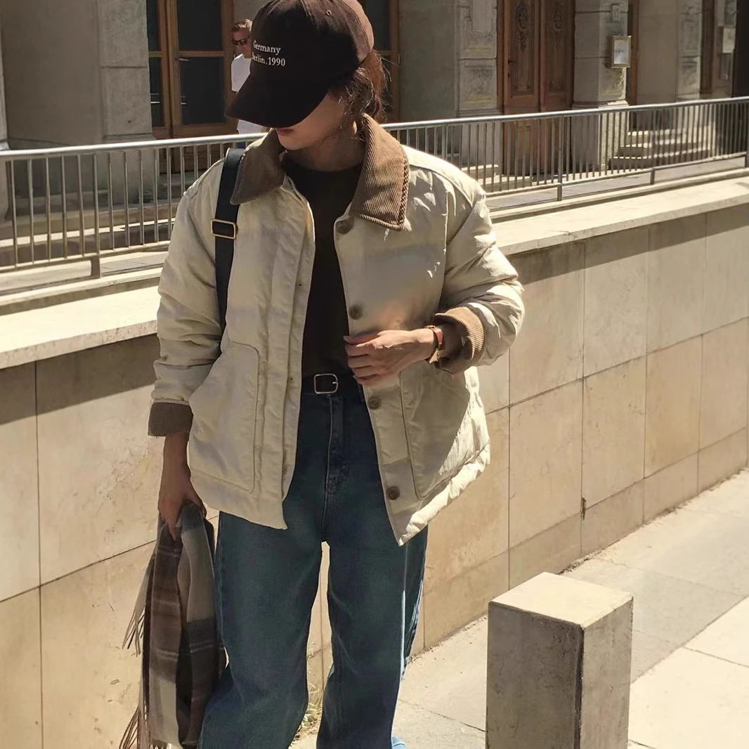 韩国东大门VEN*R 24fw设计感拼色条绒领复古极简工装外套2484-y