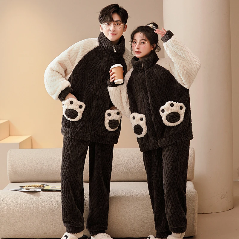 熊掌情侣睡衣女款秋冬季拉链加绒加厚爆款2023新款高级感家居服