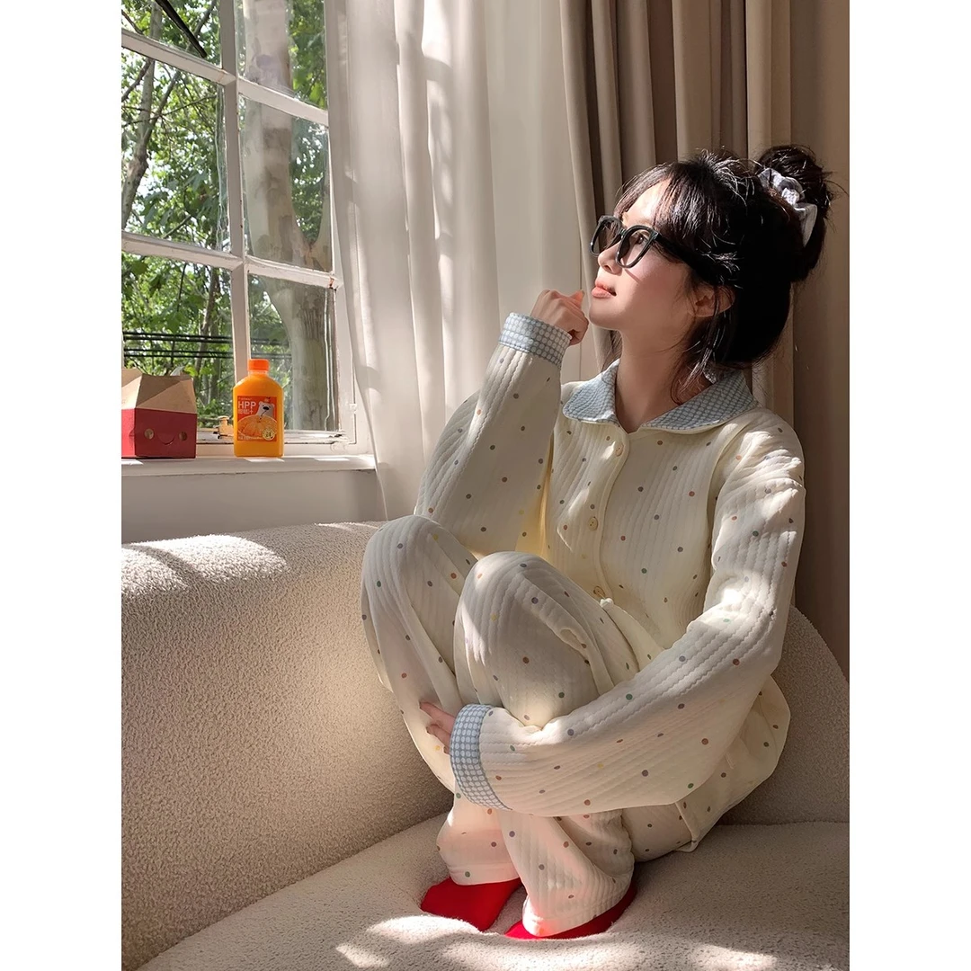咕拉拉公主甜美波点加厚睡衣女生秋冬空气夹棉保暖学生宽松家居服