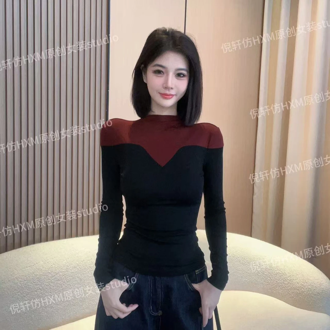 2024秋冬新款半高领时尚拼接撞色长袖T恤女9911