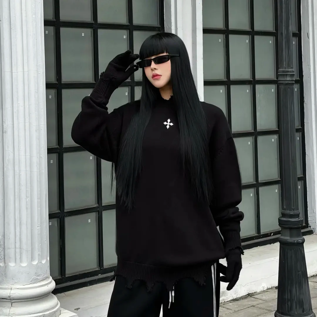 屁屁雪丨十字架绣花大破坏小众设计休闲毛衣男女美式复古针织衫潮