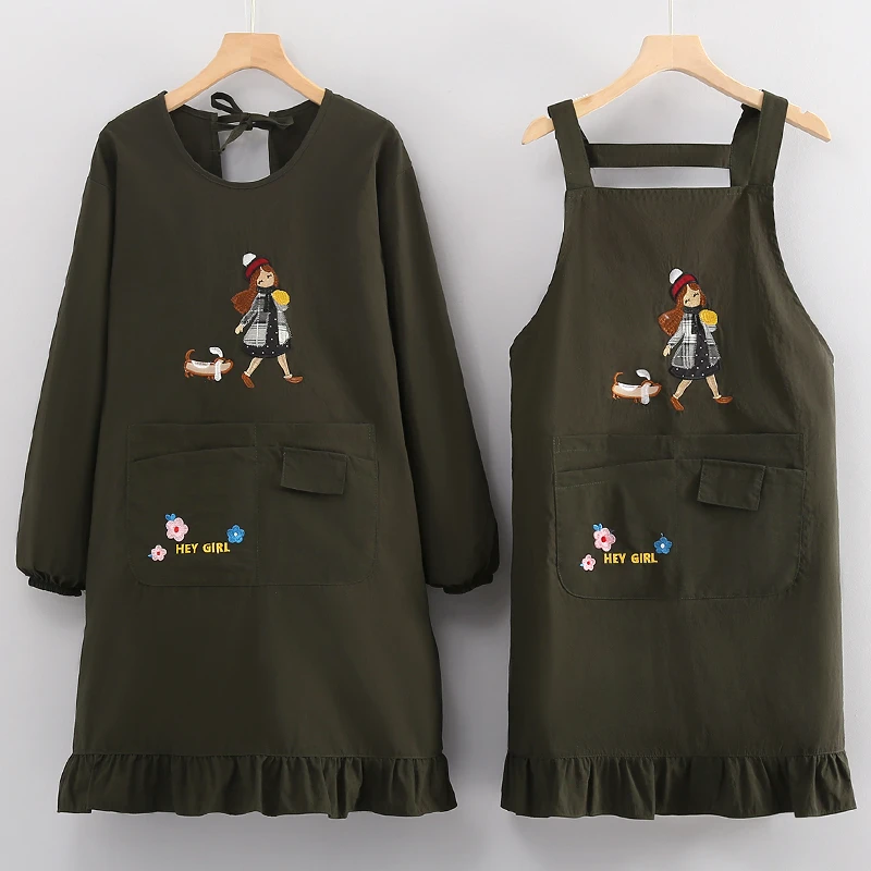 厨房餐饮专用新款刺绣漂亮围裙长袖罩衣适合年轻人上班使用工作服