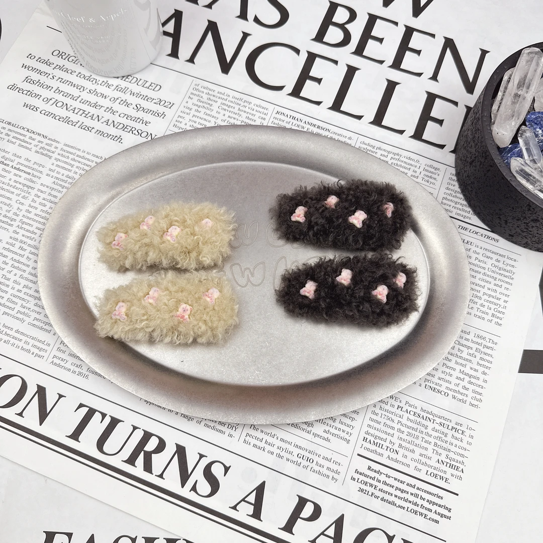 Mi33 韩版饰品 粉色小熊毛绒BB夹边夹（一对）J09060173