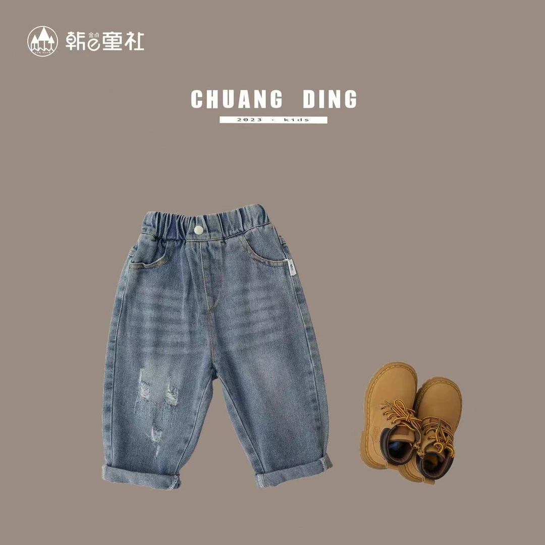 春秋季新款韩版时尚休闲破洞牛仔裤儿童开裆洋气宽松牛津腰长裤