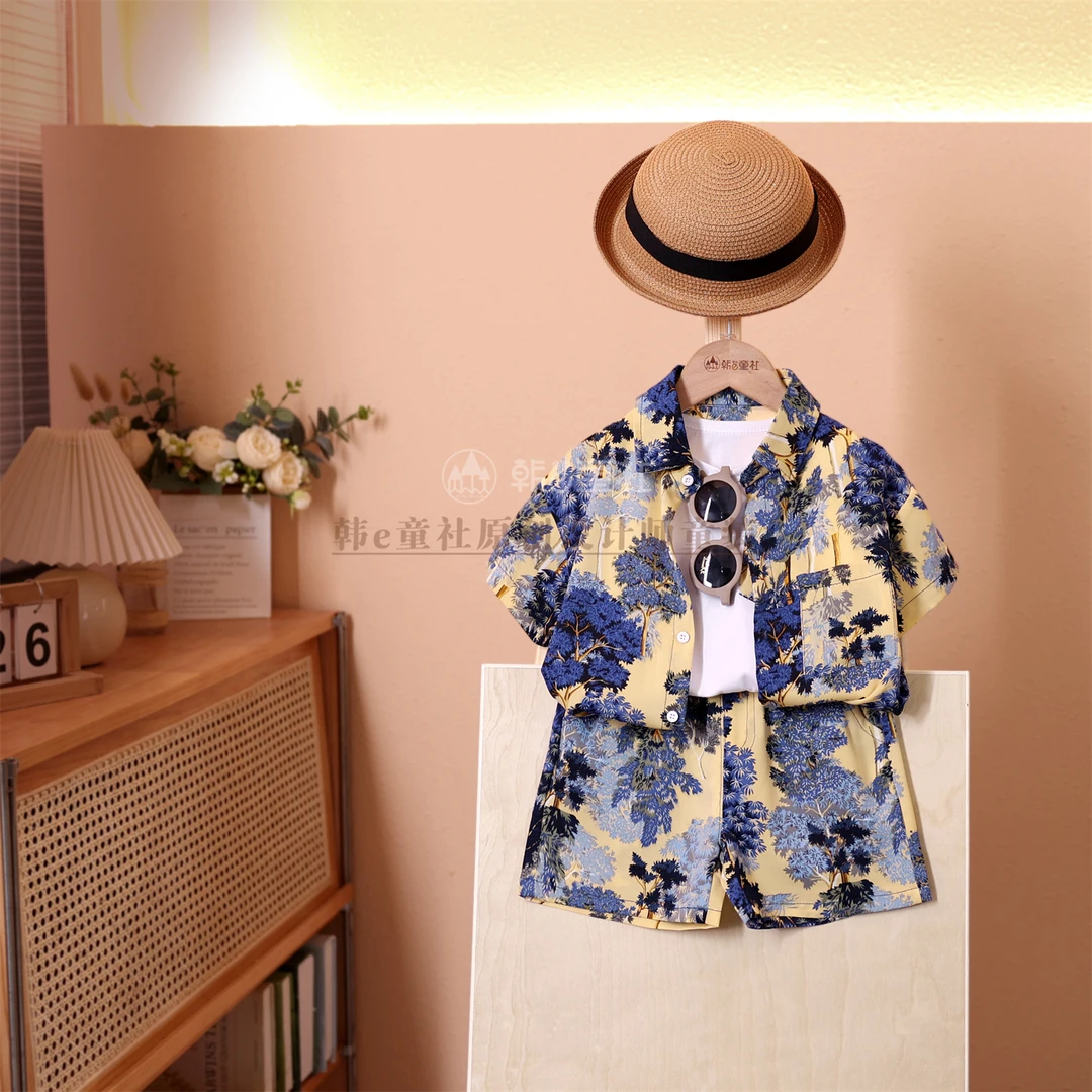 一岁宝宝衣服小孩套装潮童童装店儿童帅气男女童山水印花三件套