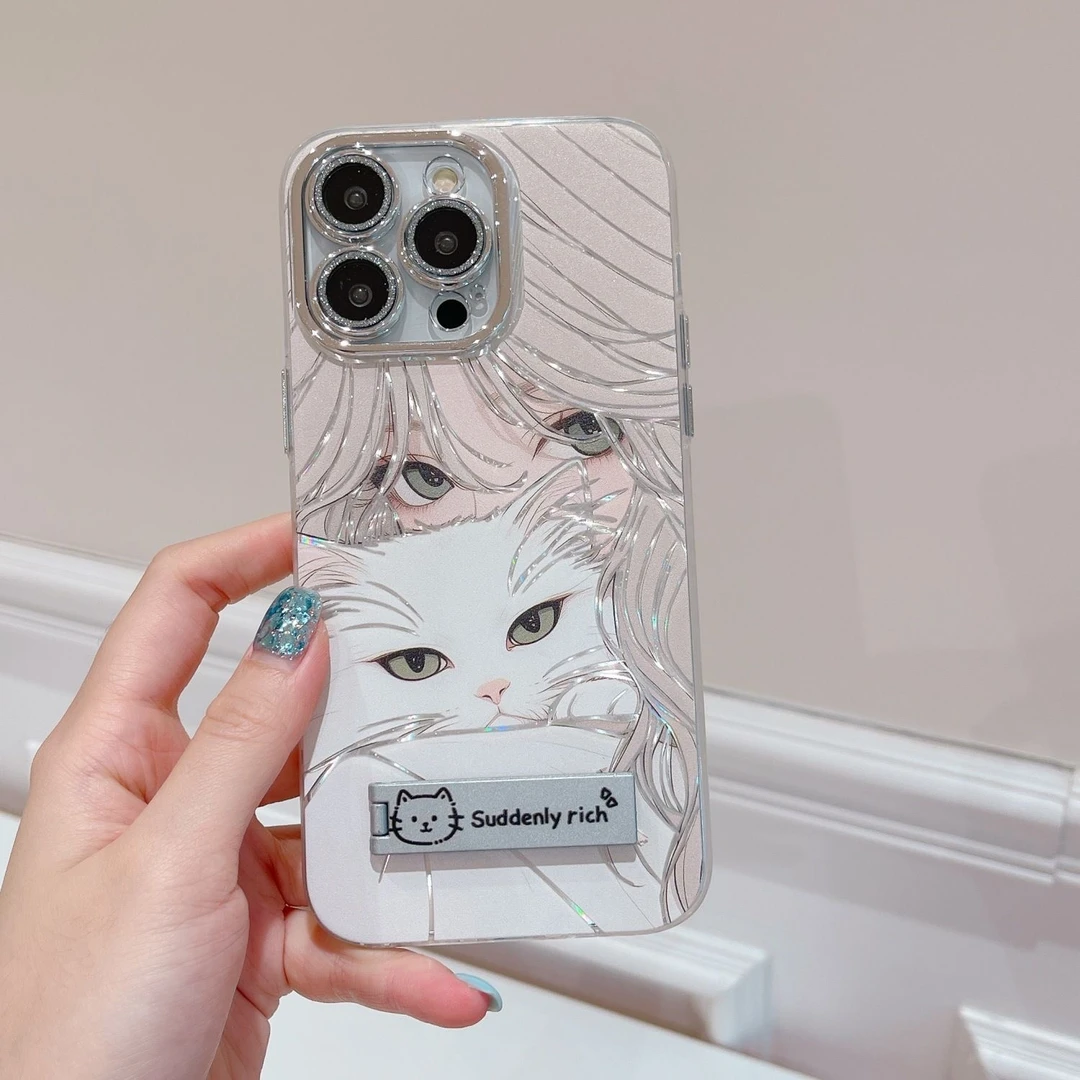 ins风抱猫女孩适用苹果15/14可爱iPhone15promax手机壳12/11创意