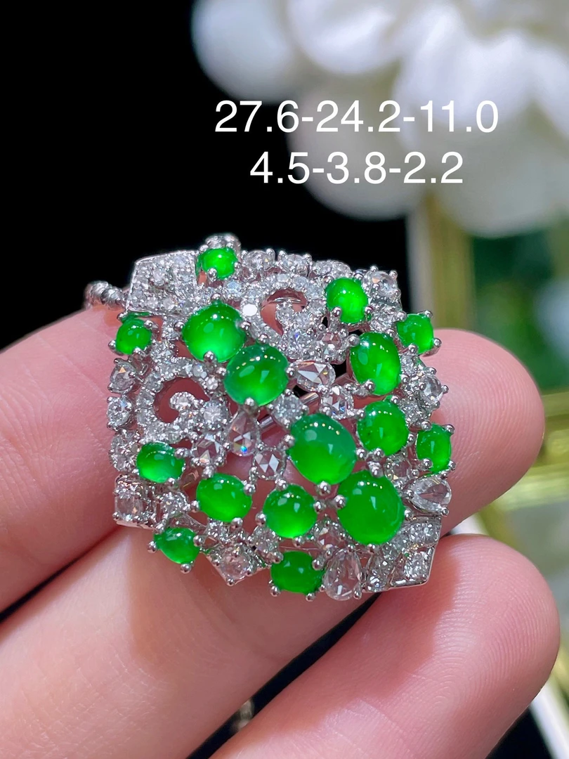 翠翠笙天然缅甸A货翡翠18k金南非真钻高冰正阳绿蛋面两用款可吊坠