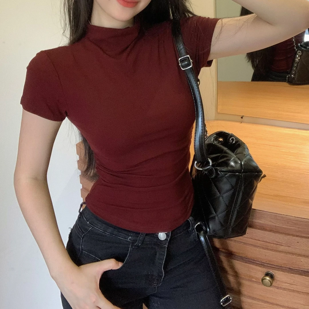 纯色半高领简约短袖T恤女设计感小众辣妹短款女上衣显瘦百搭打底