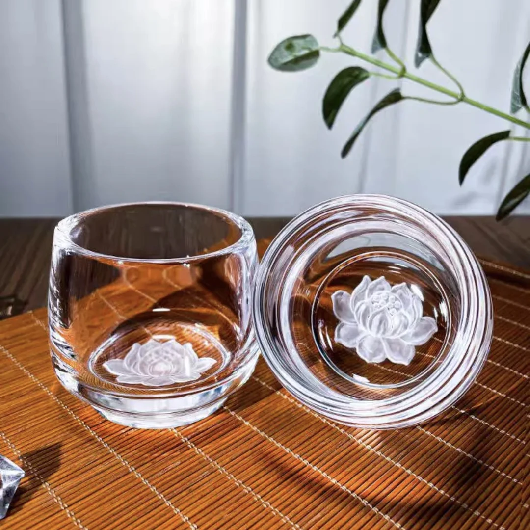 东海原矿工艺白水晶手工制作主人杯精雕莲花杯家用主人杯