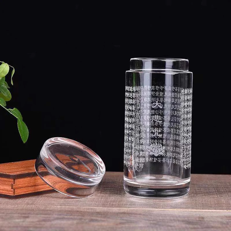 原矿工艺水晶茶杯餐具用品加厚耐热直筒透明刻字大悲咒水杯泡茶杯