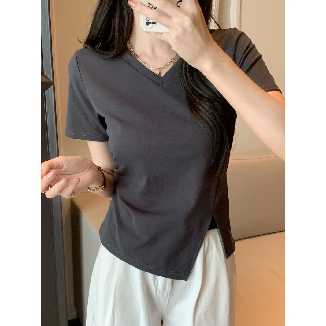 2024新款爆款纯色开叉短袖T恤女上衣