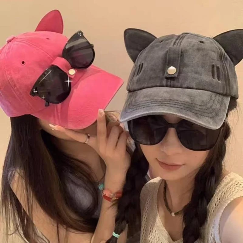 飞行员眼镜帽子墨镜猫耳朵个性可爱棒球帽男女街头情侣鸭舌帽