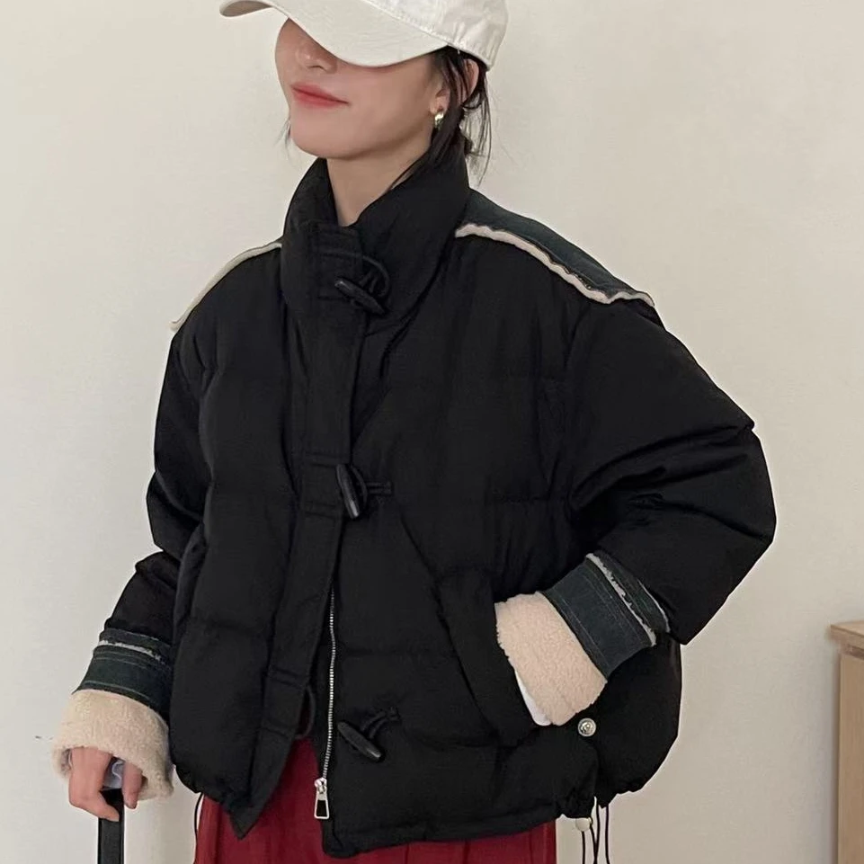 新款潮流2024立领牛角扣金属拉链羽绒服女短款韩版休闲冬季外套