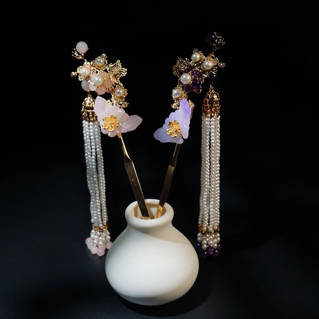 小师妹【紫蝶】新款玉髓流苏中式蝴蝶流苏发簪簪娘手工超仙气国风