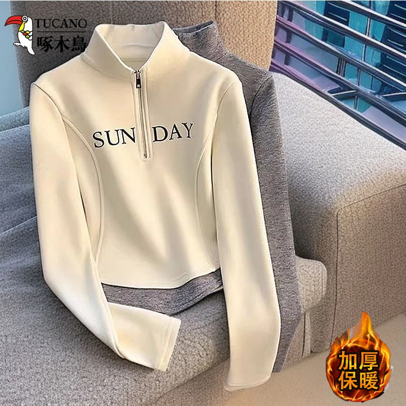 啄木鸟冬季立领半拉链卫衣显瘦百搭长袖加厚德绒保暖上衣时尚洋气