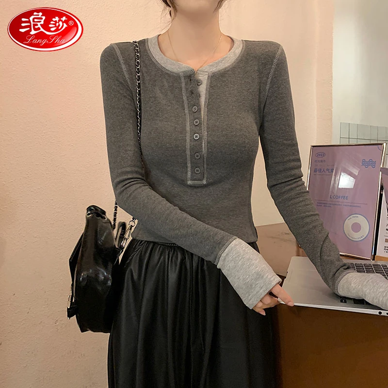 浪莎早秋新款长袖t恤女拼接圆领上衣女款百搭显瘦春秋内搭外穿T恤