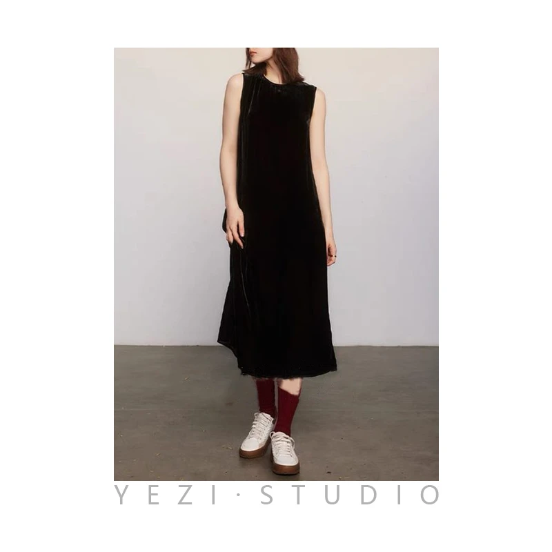 1/2“锦瑟”亲肤细腻桑蚕丝丝绒法式简约A字无袖连衣裙23431508