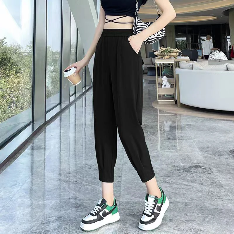 2025薄款休闲裤冰丝哈伦裤显瘦九分高腰西装裤夏季薄遮肉修身