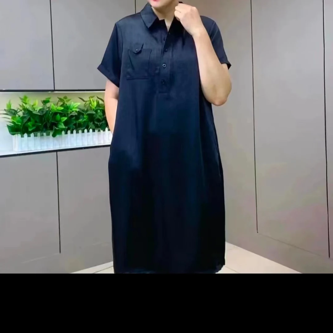 夏季新款醋酸缎长款口袋小扣连衣裙