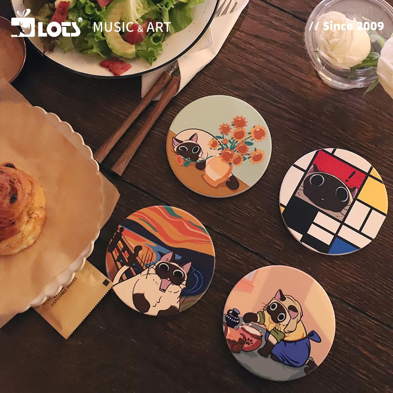 LOTS 原创插画艺术陶瓷吸水杯垫暹罗猫隔热垫可爱 生日礼物伴手礼