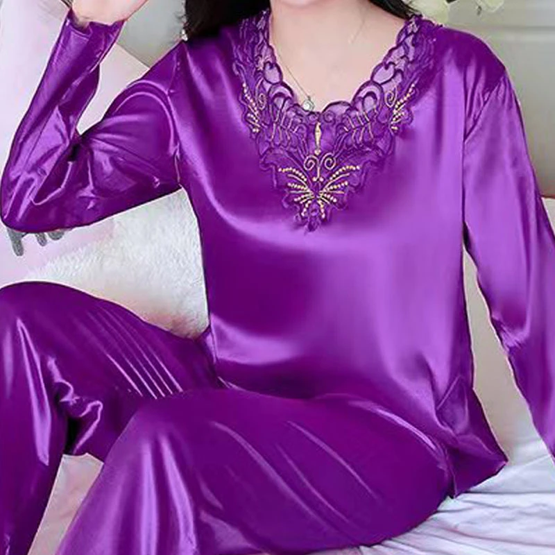 套头女士大码睡衣女春秋长袖睡衣女冰丝薄款韩版睡衣女夏两件套装