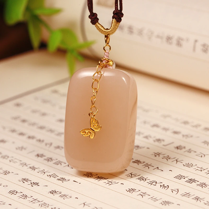 【叶叶珠宝】620 和田玉红藕粉平安无事牌+18k金 挂件33*22*12mm